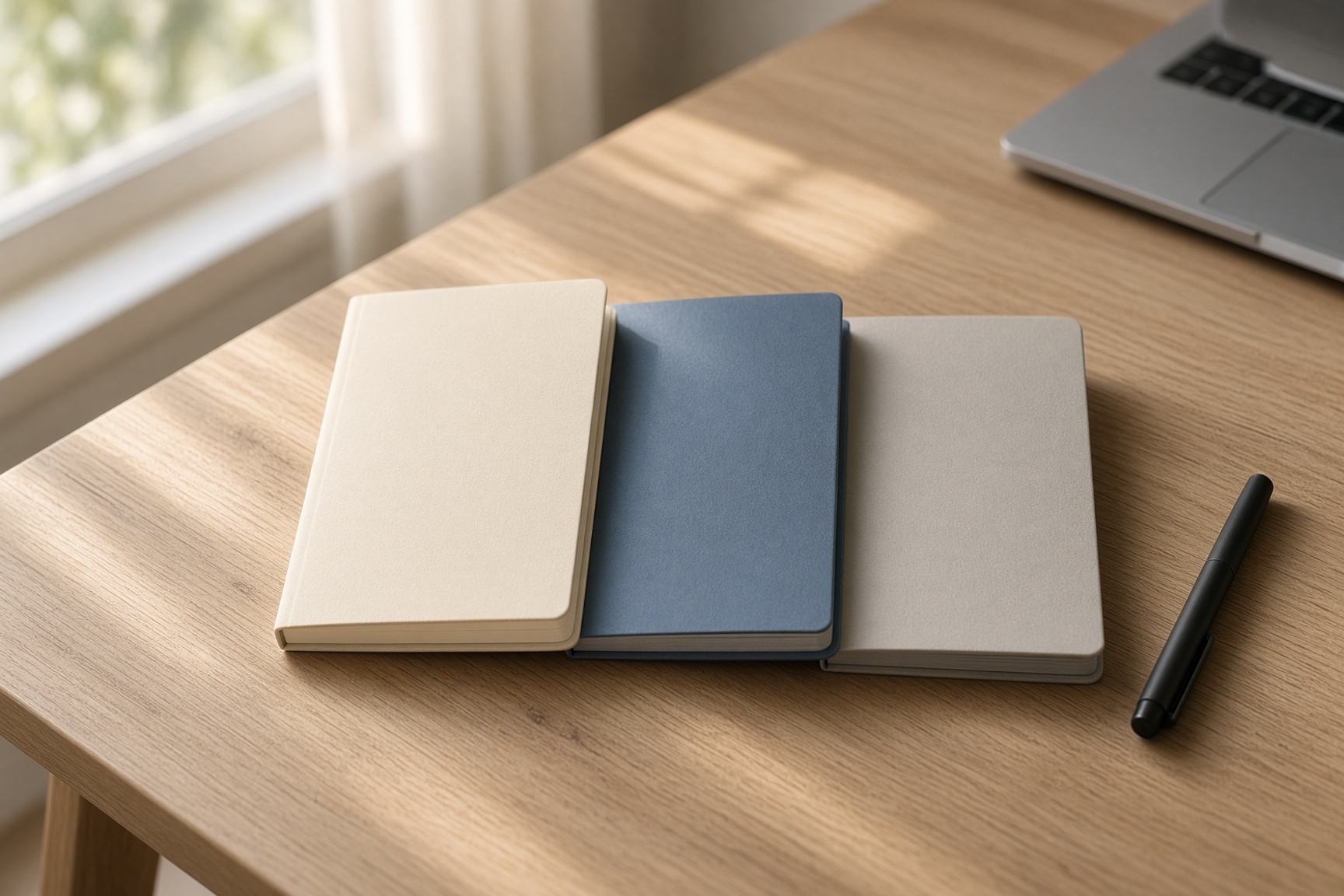 Three plain notebooks and a pen on a wooden desk