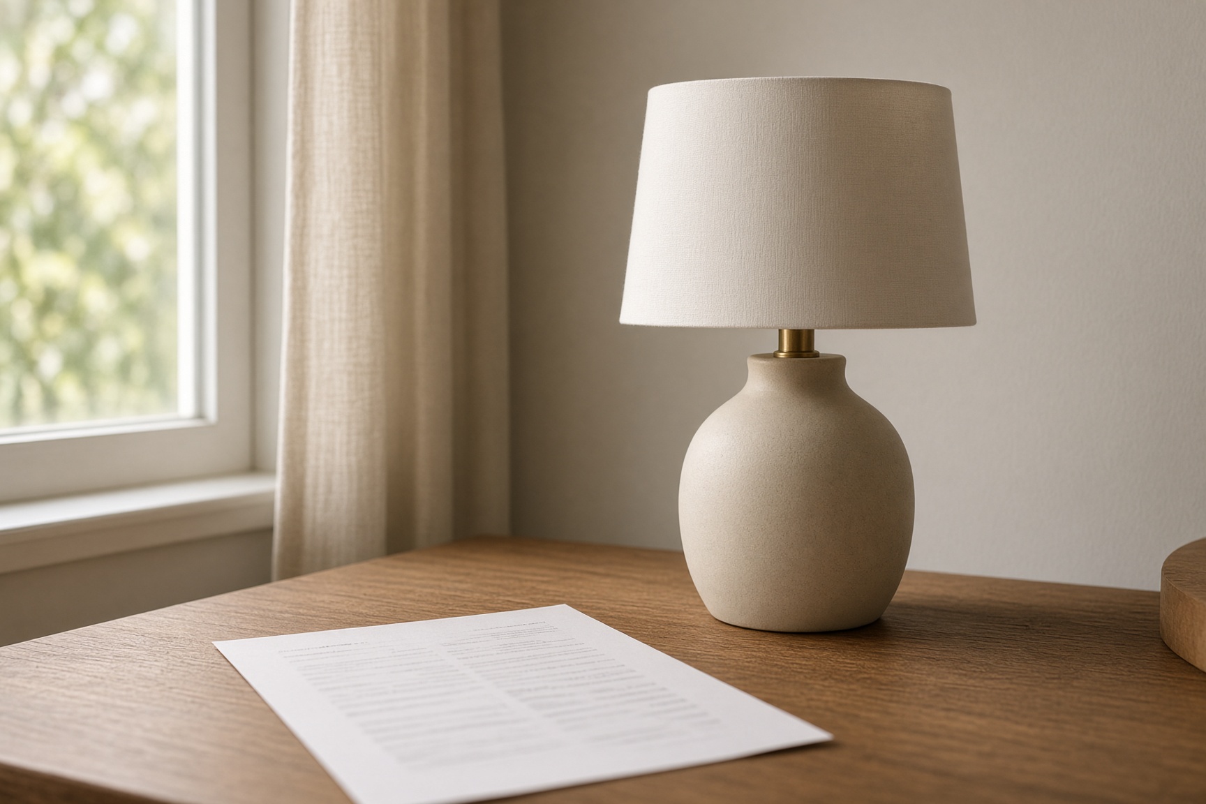 A switched-off lamp by a window beside a blurred utility bill