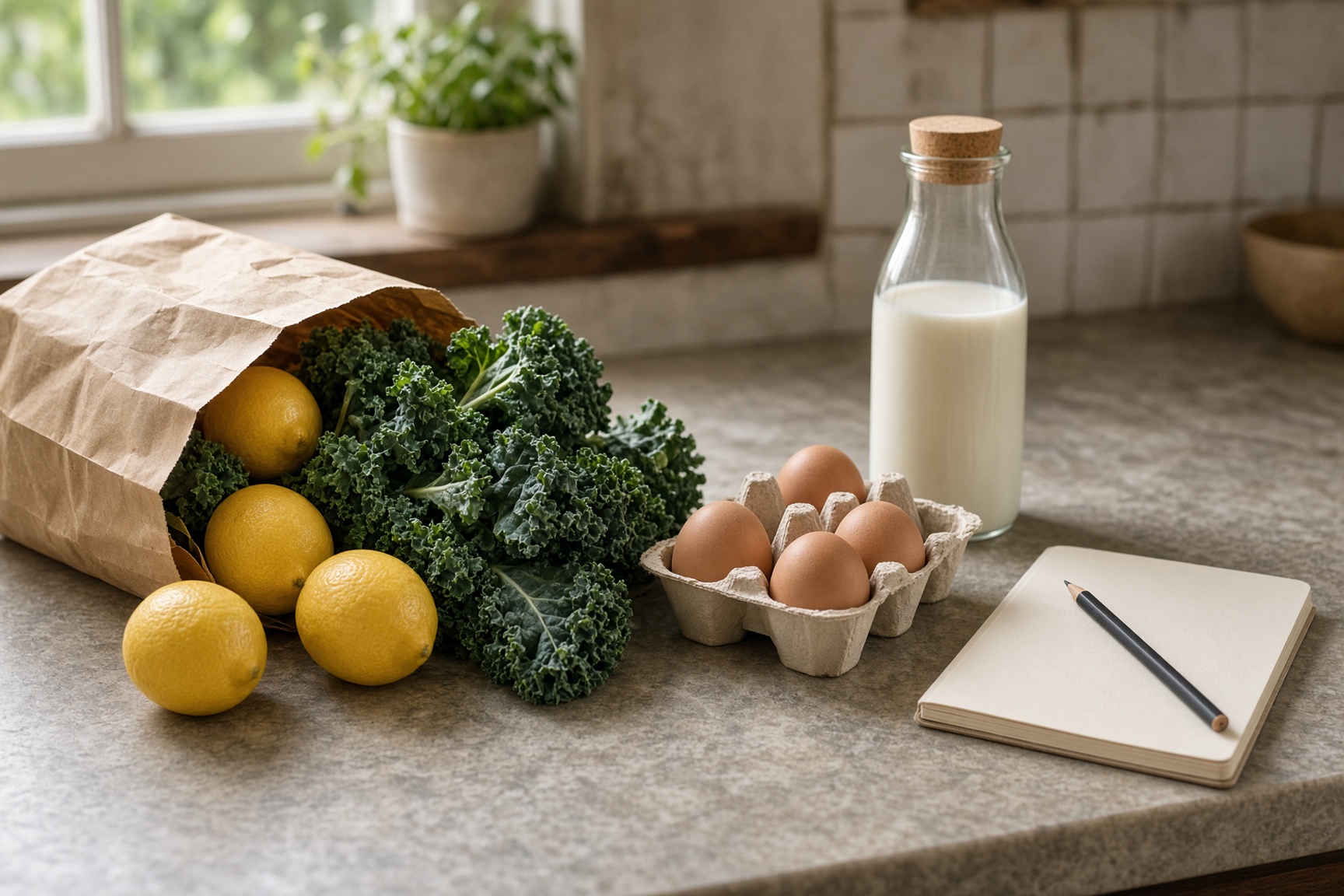Lemons, kale, eggs, and milk beside a paper grocery bag on a kitchen counter