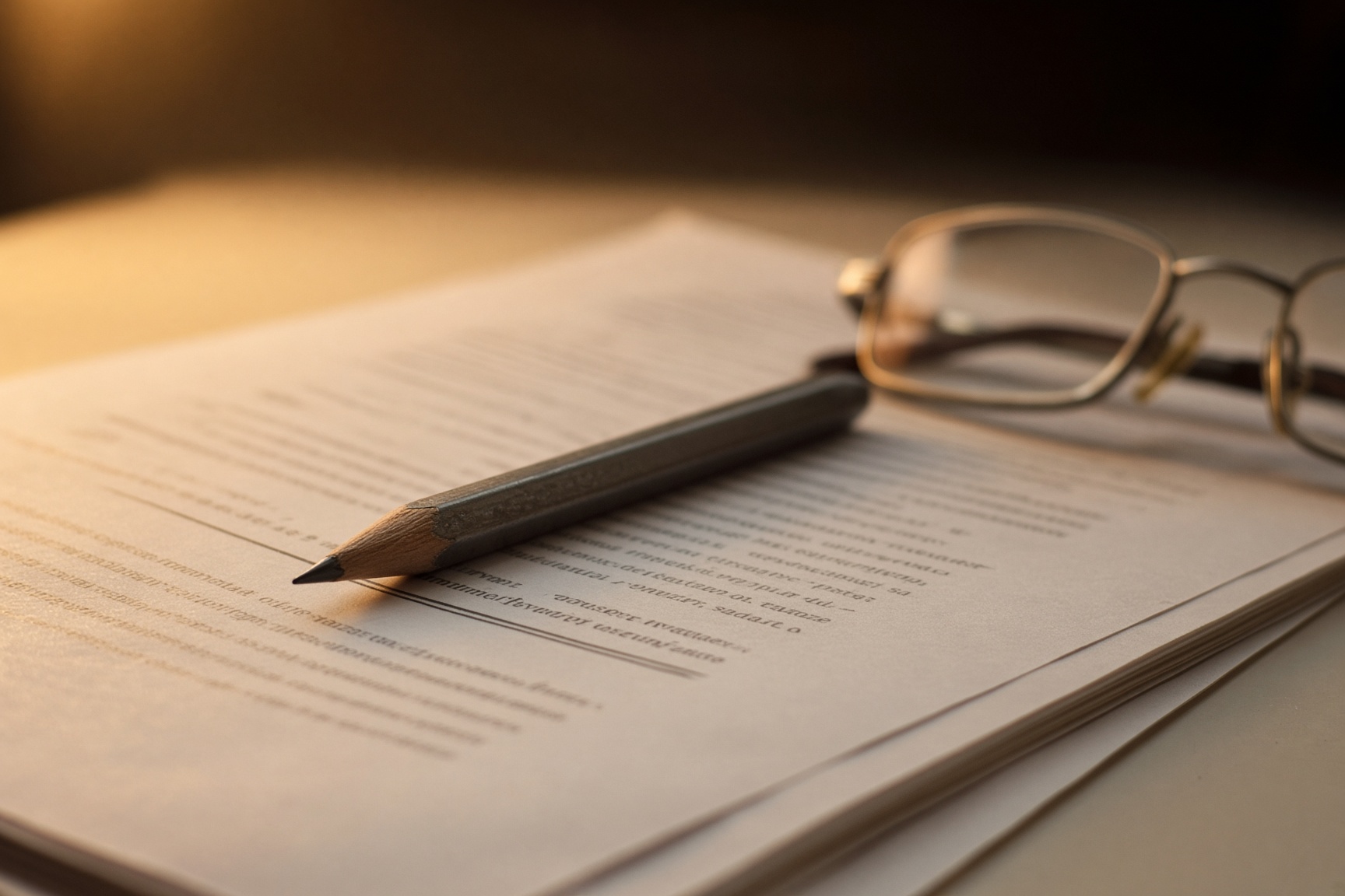 Reading glasses and a pencil resting on a printed page
