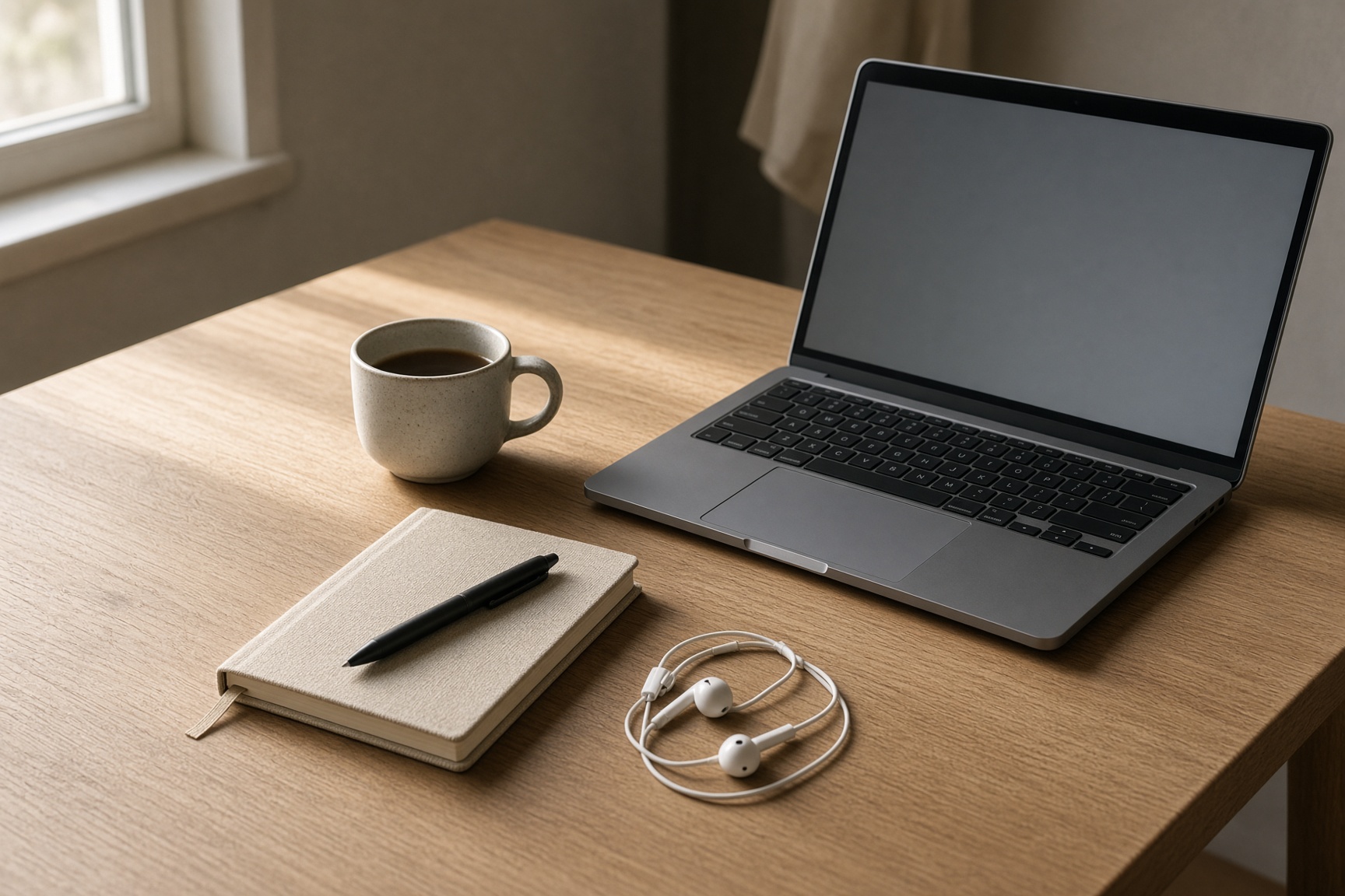 A laptop, notebook, and coffee cup on a pale wooden desk in morning light