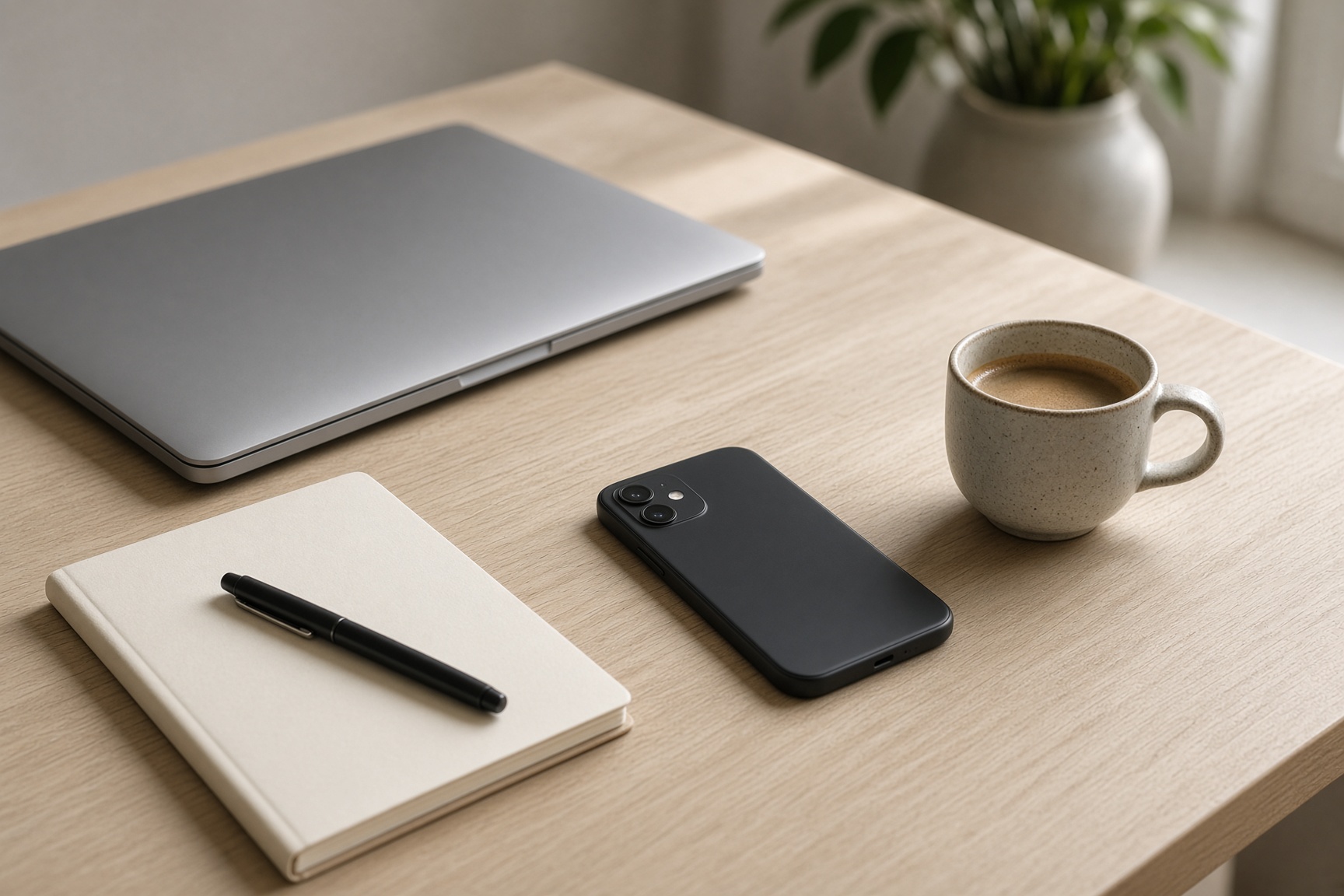 A phone face down, a blank notebook, and a pen on a pale wooden desk