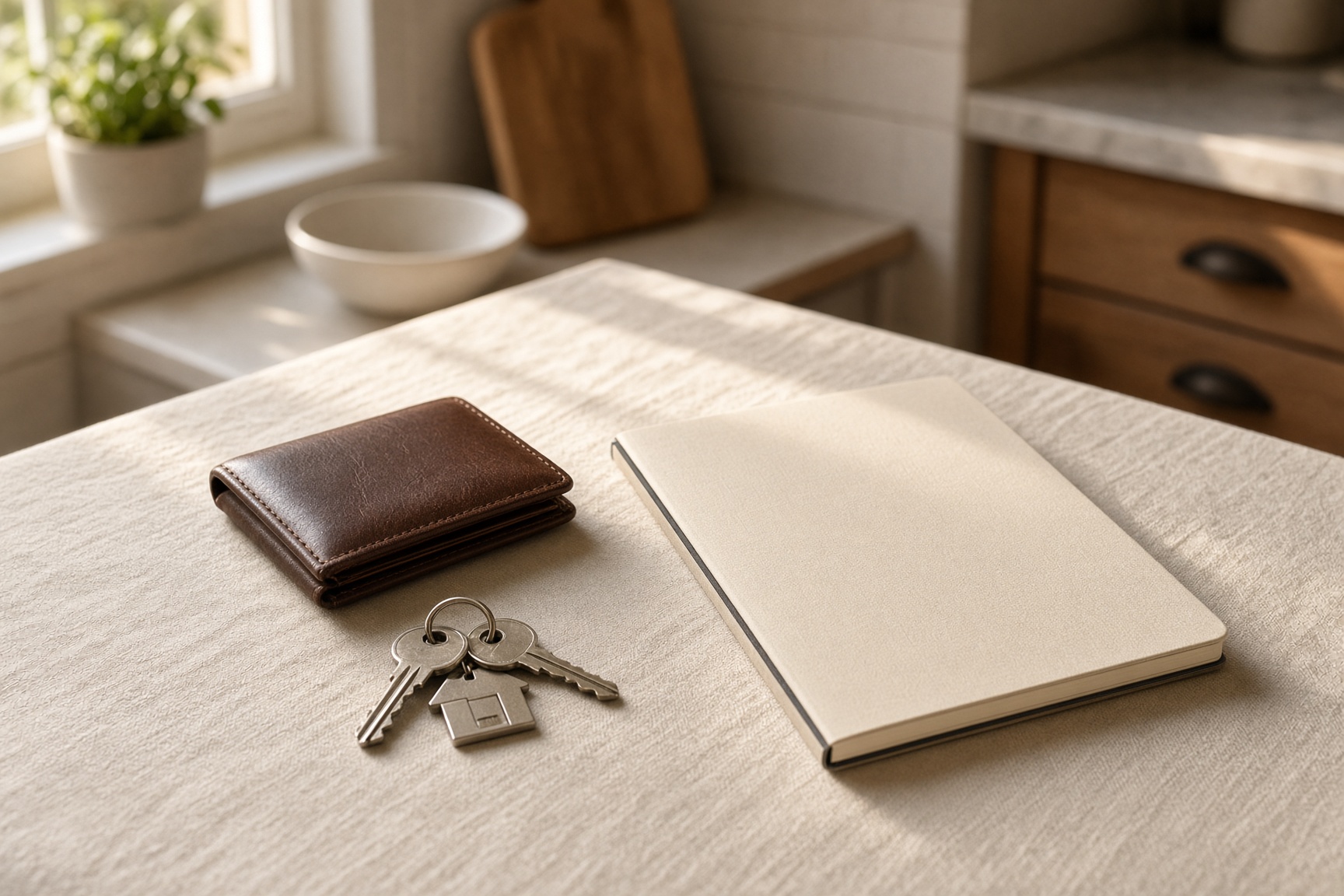 A closed wallet, house keys, and a blank notebook on a kitchen table