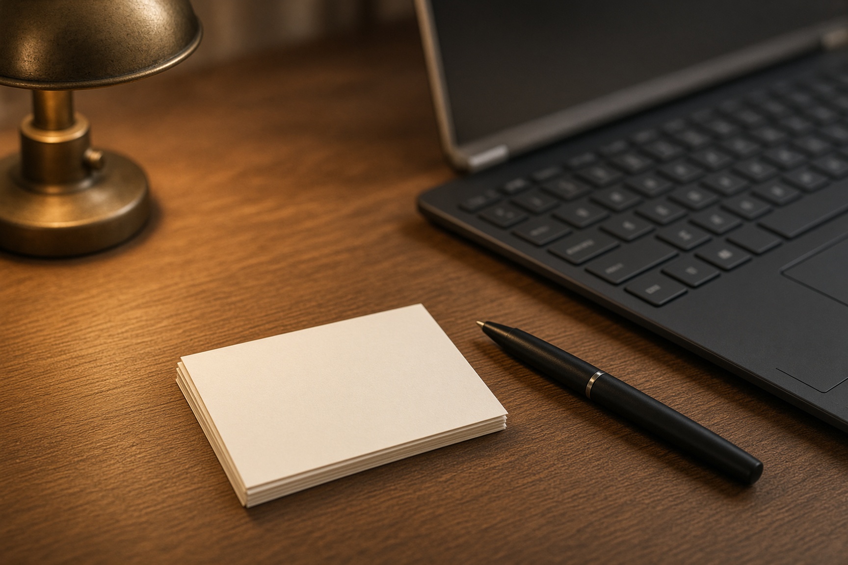 Blank index cards and a pen next to a laptop keyboard