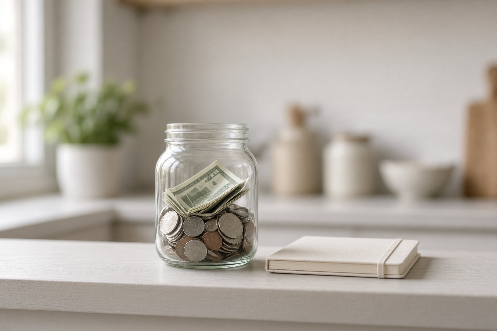 A glass jar of coins and folded bills on a kitchen shelf