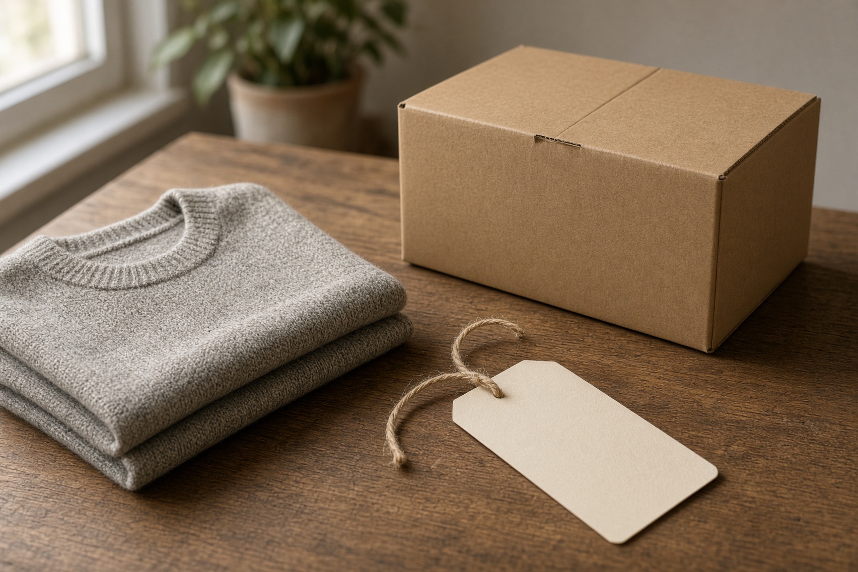 A cardboard box, a folded sweater, and a blank tag on a table