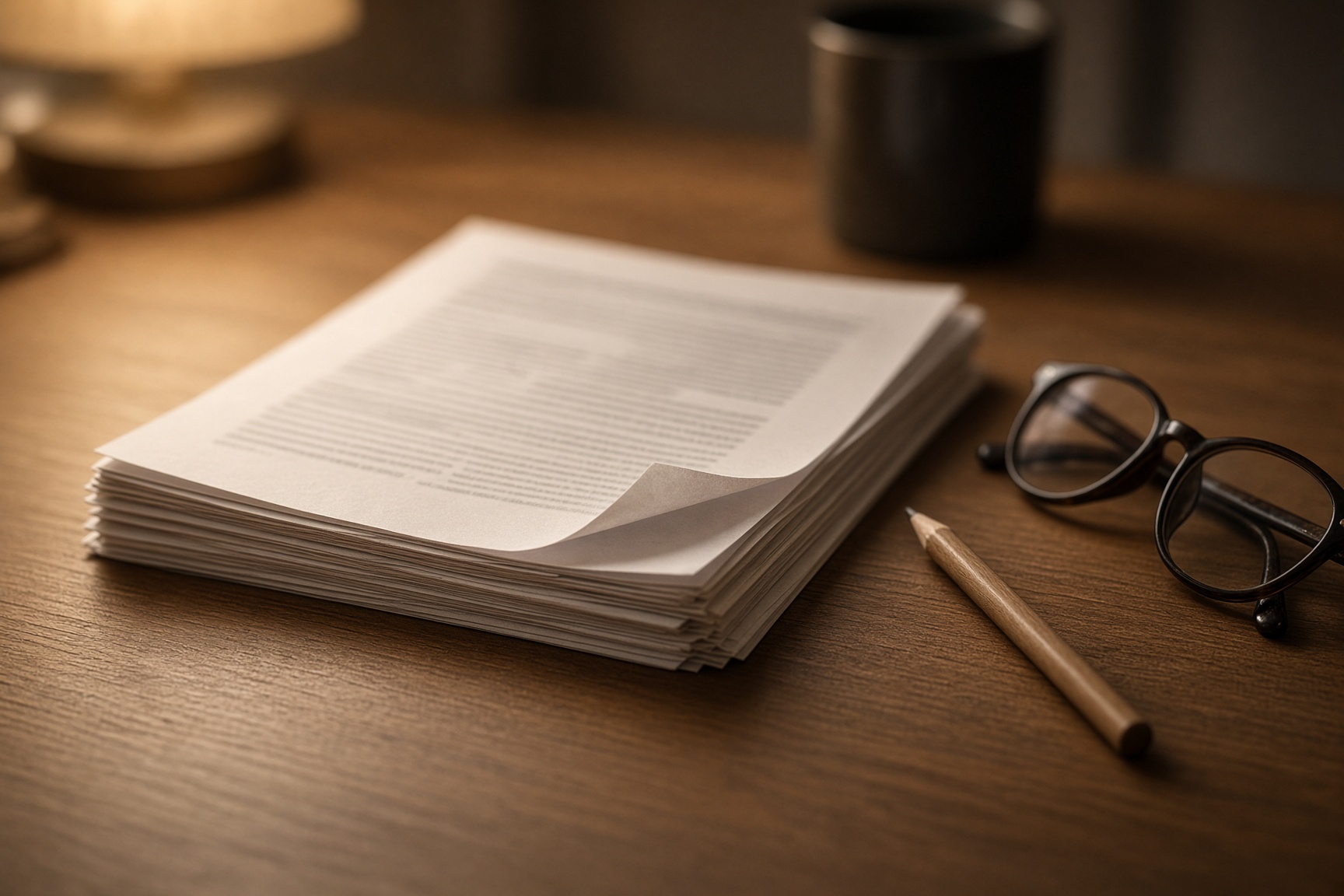 A stack of printed pages, a pencil, and reading glasses