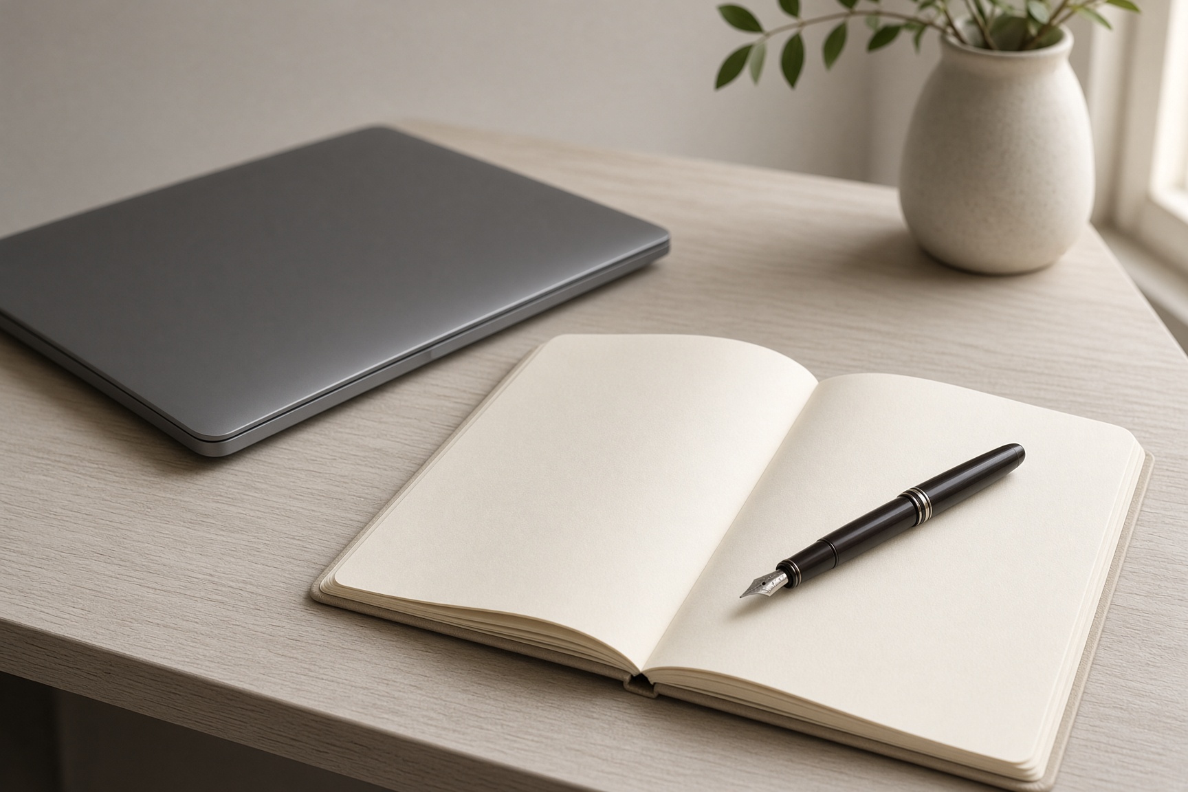 A closed laptop beside an open notebook and a fountain pen